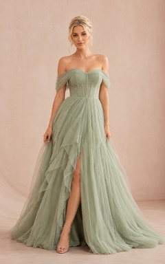 Sage Green Off-the-Shoulder Tulle Mermaid Sweep Train Gown