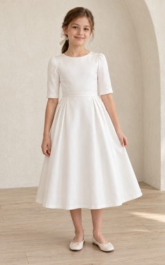 Modest Simple White Tea-length Jewel Elbow Sleeves Waistband Side-Pleated Satin A-line Flowergirl Dress