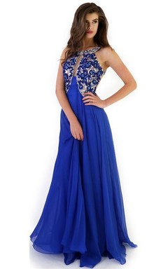 A-Line Sleeveless Floor-Length Crystal Scoop Chiffon Prom Dress With Backless Style And Pleats