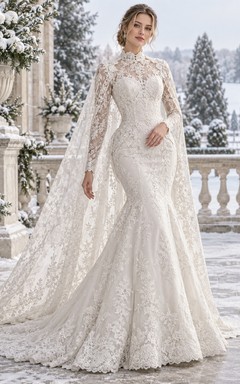 Vestido de novia vintage de corte A con cuello alto, manga larga y capa de encaje