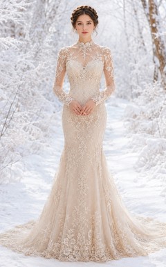 Vestido de novia de sirena de manga larga con encaje y efecto ilusión invernal