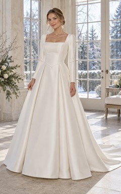 Vestido de novia sencillo de corte A con escote cuadrado y manga larga en satén vasco