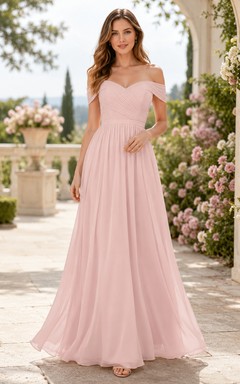 Vestido de dama de honor romántico de gasa color rosa empolvado, corte A, largo hasta el suelo y con hombros descubiertos