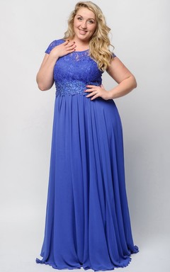 Empire-Kleid aus Chiffon mit bodenlangem U-Boot-Ausschnitt und kurzen Ärmeln, mit Illusionseffekt