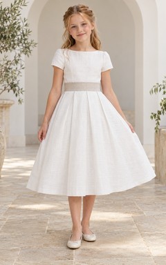 Simple Modest White Tea-length Short Sleeve Taupe Sash Narrow Pleat Flower Girl Dress