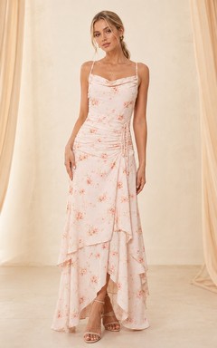 Blush Floral Spaghetti Strap Asymmetrical Tiered Floor-Length Chiffon Dress