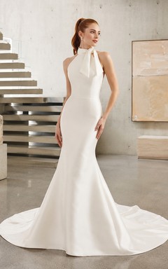 Stretch Satin Wedding Dress Mermaid Halter Sleeveless Sweep Train Open Back Bridal Gown