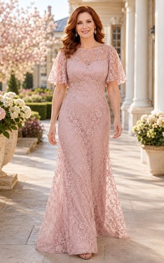 Blush Lace Sheath Mother Dress and Flutter Sleeves