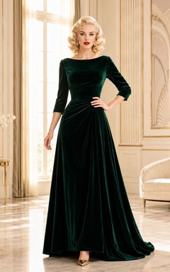 Vintage Dark Green Velvet High Neck Long Sleeve A Line Gown