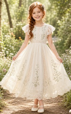 Romantisches Boho-Gartenkleid aus Tüll mit Blumenstickerei, Teelänge und Blütenblattärmeln