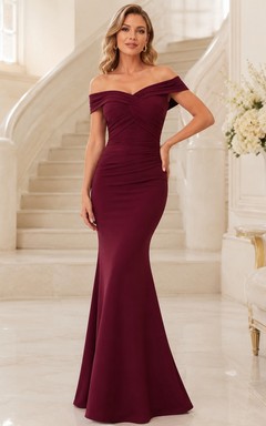 Vestido formal largo hasta el suelo, de manga corta, estilo sirena, con hombros descubiertos, color granate, jersey.