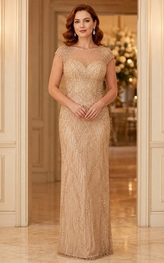 Champagne Cap Sleeve Beaded High Neck Sheath Formal Gown