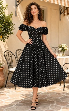 Schwarzes, gepunktetes Vintage-Chiffon-Cocktailkleid mit schulterfreiem Schnitt, kurzen Ärmeln und A-Linien-Schnitt in Teelänge