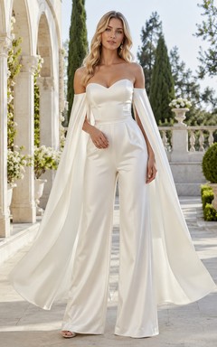 Minimalist Satin Chiffon Wedding Jumpsuit Off Shoulder Sweep Train