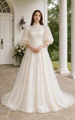 Modest High Neck Long Sleeve A-Line Wedding Dress