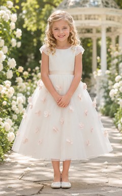 Romantisches Organza-Kleid in Teelänge, A-Linie, mit flatternden Ärmeln und Blumenmuster, perfekt für Blumenmädchen und Gartenhochzeiten