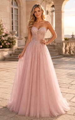 Prom Dress Blush Tulle A-Line Sweetheart Sleeveless Beaded Floor Length