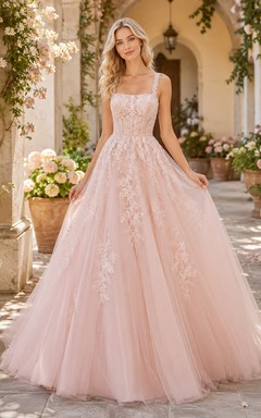 Brautkleid im Courtyard-Stil, A-Linie, aus Spitze und Tüll, mit Spaghettiträgern in Rosa