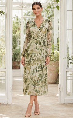 Vestido midi ajustado de manga larga con estampado de follaje verde