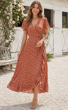 Lässiges, kurzärmeliges, teelanges Sommerkleid mit Blumenmuster und V-Ausschnitt in Papaya-Farbe