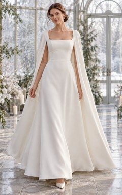 Simple Square Neck A-line Winter Wedding Draped Cape Dress