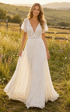 Crochet Lace V-Neck Cap Sleeve Boho A-Line Wedding Dress