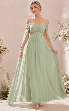 Sage off shoulder chiffon A-line bridesmaid dress with bow
