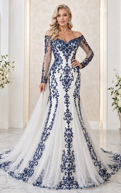 Marineblaues, aufwendig verziertes Meerjungfrauen-Brautkleid mit schulterfreiem Schnitt, langen Ärmeln und Spitze