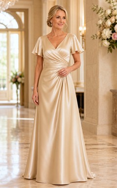Elegantes, champagnerfarbenes, bodenlanges A-Linien-Kleid aus Satin für die Mutter der Braut mit V-Ausschnitt, flatternden Ärmeln und drapierter Taille.