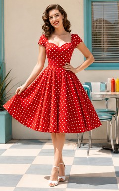 Red Polka Dot Sweetheart Cap Sleeve Retro Swing Dress