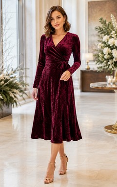 Claret V Neck Long Sleeve Velvet Midi Guest Dress