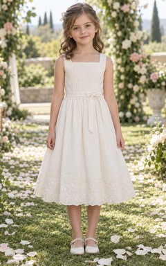 Tea-length Square Neck Country Ivory A-line Sleeveless Scalloped Pintucked Flower Girl Dress