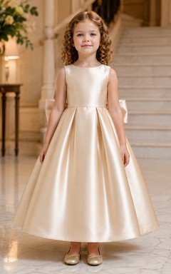 Blumenmädchenkleid aus champagnerfarbenem Satin, A-Linie, Rundhalsausschnitt, Teelänge, Schleifendetail