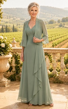 Salbeigrünes Chiffon-Kleid in A-Linie mit Jacke und Rüschenrock