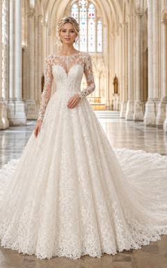 Vestido de novia de encaje y tul, estilo princesa, escote corazón, sin mangas, cola de capilla, con apliques.
