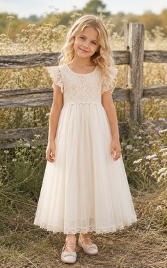 Vestido de tul rústico con mangas de volantes y encaje para niña, largo hasta la rodilla, estilo pradera.
