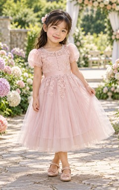 Teelanges, rosafarbenes A-Linien-Kleid aus Spitze, Tüll, Puffärmeln und Illusionsapplikationen für Blumenmädchen