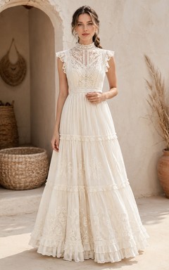 Modest High Neck Lace Tiered Chiffon A Line Bridal Wedding Dress
