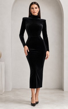 Black High Neck Long Sleeve Velvet Pencil Midi Dress
