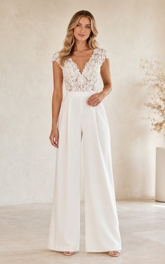 Satin Lace Wedding Jumpsuit V-Neck Sleeveless Sweep Train
