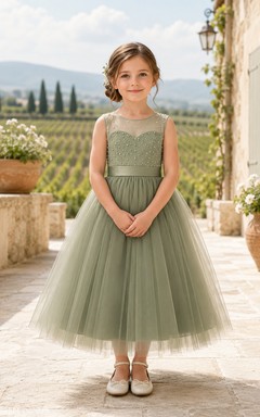 Simple Modern Flower Girl Dress Jewel Neck Sleeveless Sage Tulle Tea Length Satin Waist