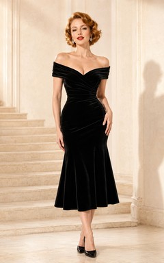 Black Off-Shoulder Sweetheart Ruched Velvet Vintage Bodycon Cocktail Evening Dress
