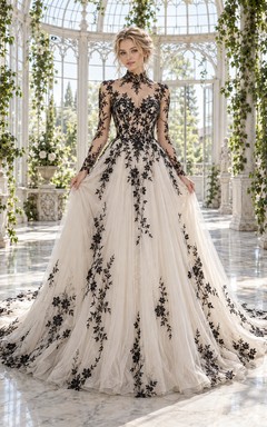High Neck Long Sleeve Black Floral Tulle Train Wedding Dress