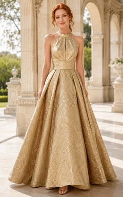 Elegantes, bodenlanges, goldfarbenes Abendkleid mit hohem Kragen und Neckholder aus Jacquard-Stoff in A-Linie