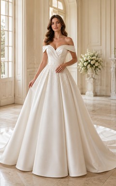 Modern Satin Off shoulder Short Ball Gown Cathedral Pleats Refined Zipper Back Wedding Dress
