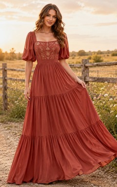 Rust Western Square-Neck Puff-Sleeve Chiffon A-Line Floor-Length Country Dress
