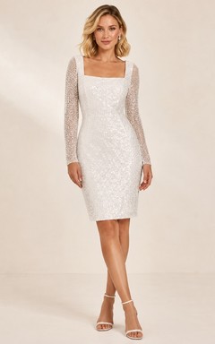 White Sequin Tulle Illusion Long Sleeve Square Neck Sheath Mini Dress