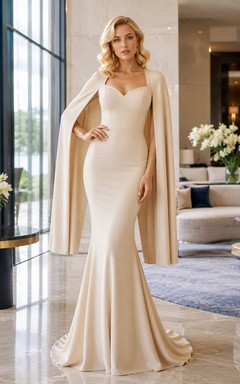 Champagne Sweetheart Cape Sleeve Mermaid Floor Length Gown