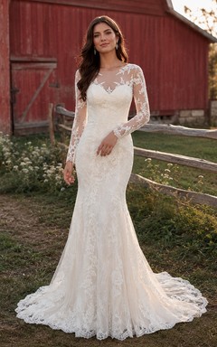 Robe de mariée sirène en dentelle, col rond, manches longues et traîne, style modeste