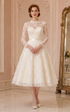 Vestido de novia formal vintage de largo midi, estilo barco, con mangas largas de encaje y estilo modesto.